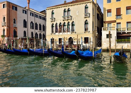 VENICE, ITALY - SEP 24, 2014: Beautiful facade of buildings on Grand Canal  in Venice  at sunset. The Grand Canal is the largest canal in Venice, Italy.