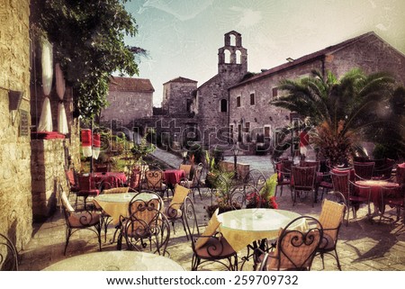 Similar – Image, Stock Photo Bistro street cafe chairs and tables parked in lockdown