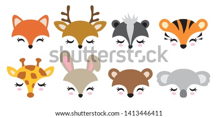 Vector illustration set of cute animal faces including fox, deer, skunk, tiger, giraffe, rabbit, bear and koala.