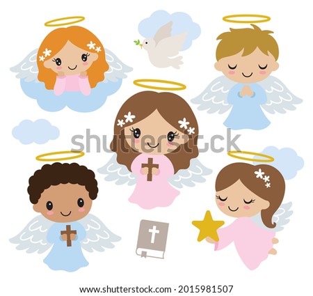 Cute little boy and girl baptism angels on the cloud praying and holding a cross and a star vector illustration.