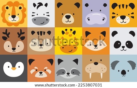 Cute wild jungle animal faces in square blocks vector illustration. Set includes a lion, zebra, bear, hippo, tiger, dear, squirrel, giraffe, fox, panda, penguin, red panda, raccoon, walrus, and koala.