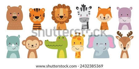 Cute wild animal faces set. Vector illustration of woodland and safari animal faces including a bear, tiger, lion, zebra, giraffe, fox, hippy, rhino, monkey, crocodile, elephant, and dear.