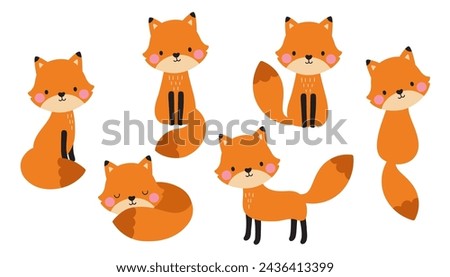 Cute baby red fox cartoon vector illustration set. Fox in various poses such as standing, sitting, sleeping.