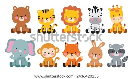 Cute wild animals cartoon sitting vector illustration. Baby shower woodland animals illustration.