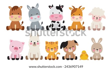 Cute farm animals in sitting position vector illustration. Set of cute barn animals including a horse, cow, donkey, goat, sheep, pig, llama, cat, dog, chick, and rabbit.
