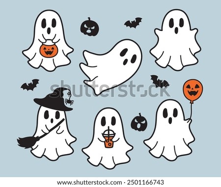 Cute halloween sheet ghosts vector illustration set. Simple ghosts with jack-o-lantern.