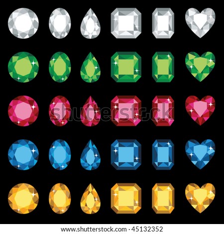 Vector illustration of colorful gemstones in six different shapes. No gradients used.