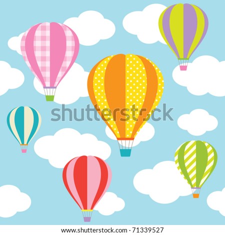 Vector illustration of colorful hot air balloons on the blue sky. Seamless pattern of this picture and seamless sky pattern are included in swatch.