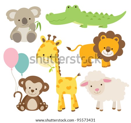 Vector illustration of cute animal set including koala, crocodile, giraffe, monkey, lion, and sheep.
