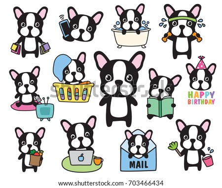 Vector of French Bulldog or Boston Terrier dog activity set including shopping, working out, grocery shopping, working, cleaning, laundry, birthday.