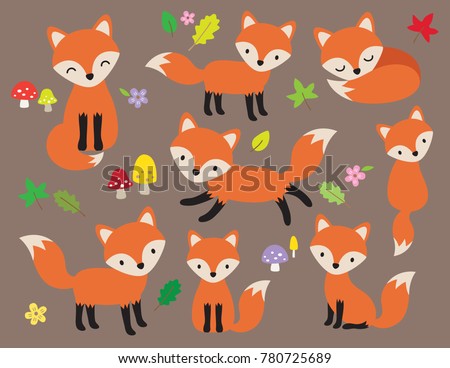 Cute fox vector illustration in various poses with leaves and flower elements.