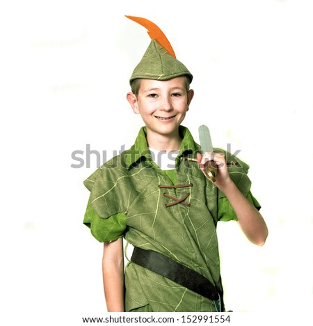 Young Robin Hood with sword isolated over white