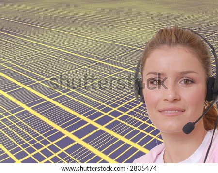 Lovely blond business woman talking on a headset in front of a high tech background