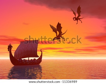 A viking dragon raider ship followed by flying dragons