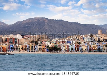 Colored houses of Villajoyosa town beach; the south coast of Benidorm city in Spain.