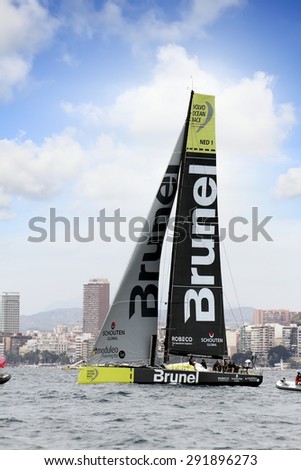 ALICANTE, SPAIN - OCTOBER 04: The sail boat of the Team Brunel is sailing in the \