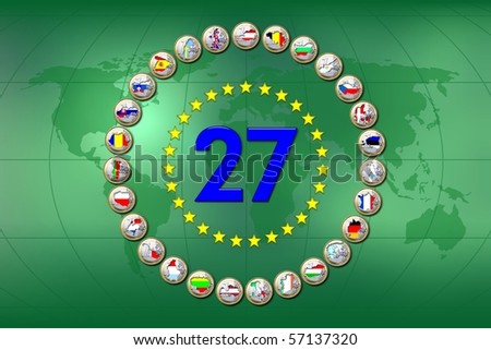 The 27 countries of the European Union with flags