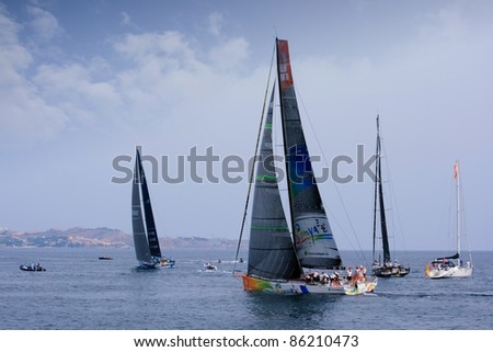 ALICANTE,SPAIN–OCT. 7:Sanya Team, Telefonica and Abu Dhabi Team participate in the race around the world \