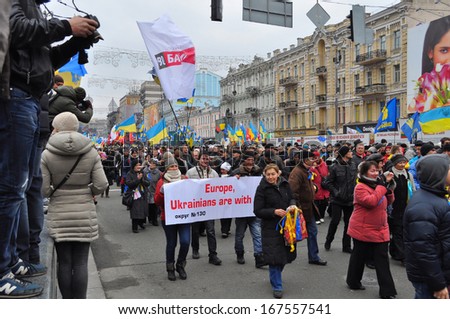 KIEV, UKRAINE- DECEMBER 1: Protest of people in Kiev since the president of Ukraine did not sign the agreement from EU at the associations on December, 1, 2013, Kiev, Ukraine