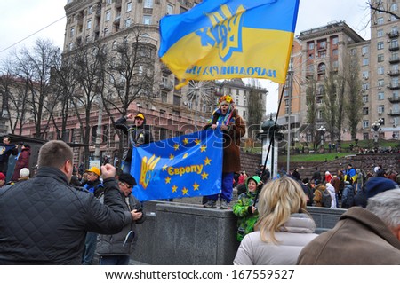KIEV, UKRAINE- DECEMBER 1: Protest of people in Kiev since the president of Ukraine did not sign the agreement from EU at the associations on December, 1, 2013, Kiev, Ukraine