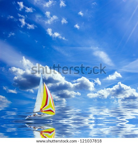 Sea and ocean. Sailboat floats on the ocean of fantasy.