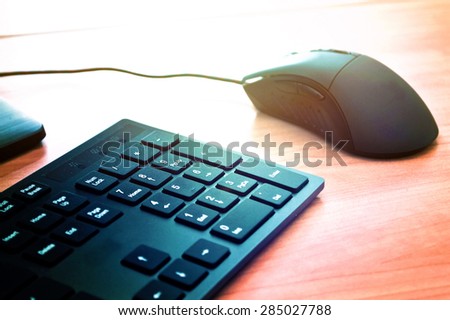 Computer mouse and keyboard on the office table. Computer technology conceptual image.