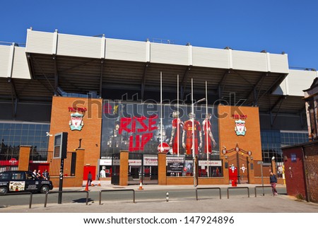 LIVERPOOL, ENGLAND - MAY 25: Anfield stadium is home of Liverpool Football Club one of the most successful English Premier League football clubs. Anfield stadium on May 25, 2013 in Liverpool, UK.