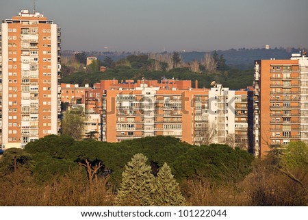 Block of flats in the city of Madrid residential area in Spain with visible smog on the horizon