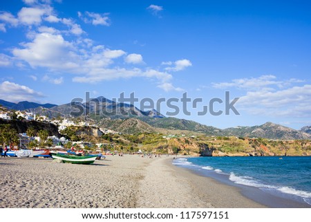 Burriana beach at the Mediterranean Sea in Nerja, Spain, Costa del Sol, southern Andalusia region.