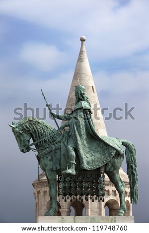 St Stephen\'s (Hungarian: Szent Istvan) equestrian statue, next to the Fishermen\'s Bastion in Budapest, Hungary.