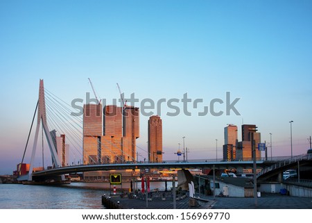 City of Rotterdam downtown at sunset in South Holland, Netherlands.