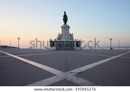 Statue of King Jose I from 1775 at dawn facing the Tagus river on Commerce Square (Palace Square, Portuguese: Praca do Comercio, Terreiro do Paco) in Lisbon, Portugal.
