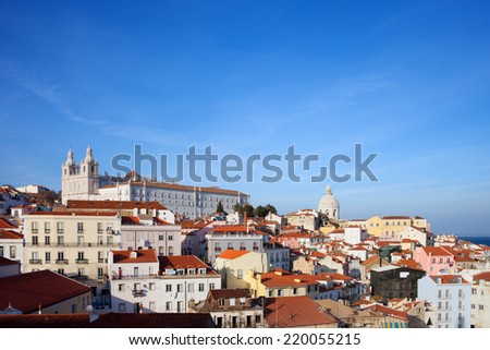 City of Lisbon in Portugal, on top of a hill Sao Vicente de Fora and dome of Santa Engracia.