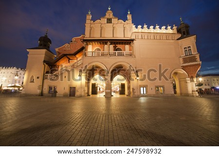 Side view of the Cloth Hall (Polish: Sukiennice) on the Main Market Square in the Old Town of Krakow in Poland.
