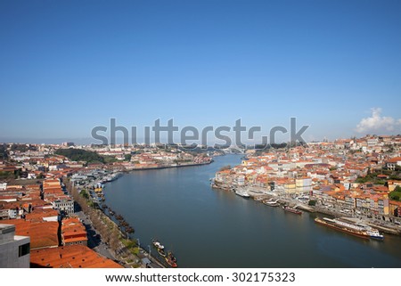 Cityscape of Porto, Vila Nova de Gaia and Douro river from above in Portugal.