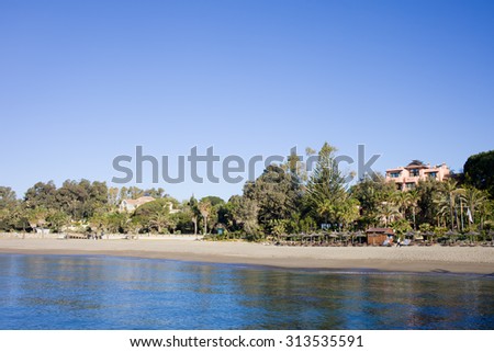 Marbella beach sea view in Spain, Andalusia region, Costa del Sol, Malaga province.