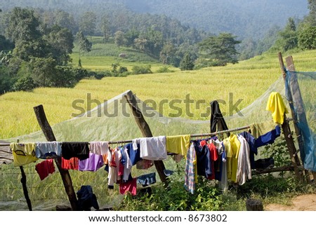 Country scene, clothes drying on the fence fields in the background.