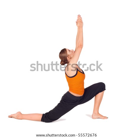 Woman Practicing Yoga Exercise Called Crescent Lunge, Sanskrit Name ...