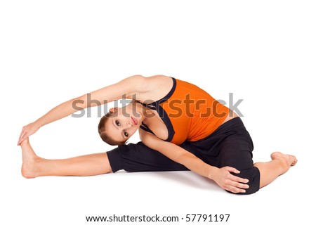 Woman doing seated version of yoga exercise called: Gate Pose sanskrit name: Vira Parighasana, isolated on white background