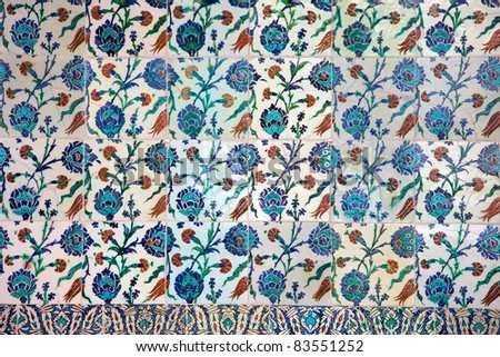 Floral design on an old Ottoman style Iznik tiles in Istanbul, Turkey