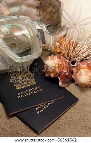 Close-Up of passport, diving mask, sand dollar (Echinoderm), coral , conch shells, and abalone:  Beach Vacation Concept