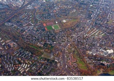 Aerial view of suburban area Dusseldorf, Germany, Europe, with mixed residential and industrial zones.