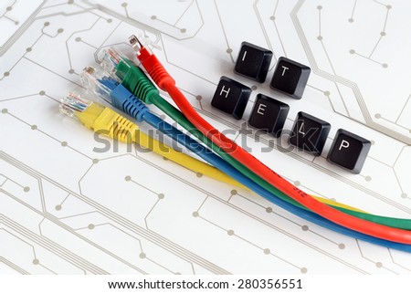 IT HELP, Assistance - HELP made of keyboard keys with colorful network cables on white circuit board background
