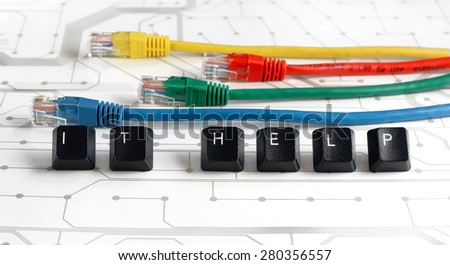 IT HELP, Assistance - HELP made of keyboard keys with colorful network cables on white circuit board background