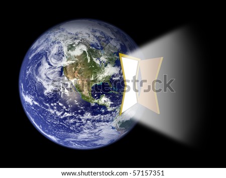 Opened Door Portal with Bright light attached to Earth\'s Western Hemisphere (Earth map courtesy of NASA [url]http://visibleearth.nasa.gov[/url])