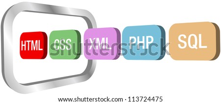 Row of HTML CSS PHP and other web development element icons move into a symbol of a computer monitor