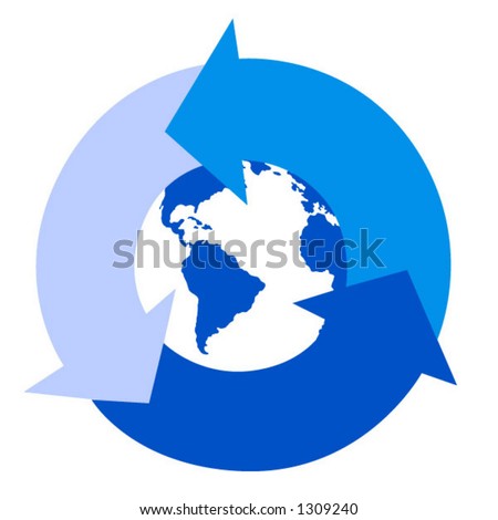 Arrows circle a globe. Image is pure-vector, no CS effects used (have fun adding your own, or use the vectors in Freehand, Corel, etc.)