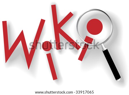 Wiki to search and find information with red dot copyspace magnifying glass and shadows.