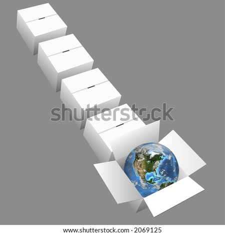 Earth ready for global shipping in a row of cartons/boxes. Earth is a 3D render; boxes are a clean vector render.