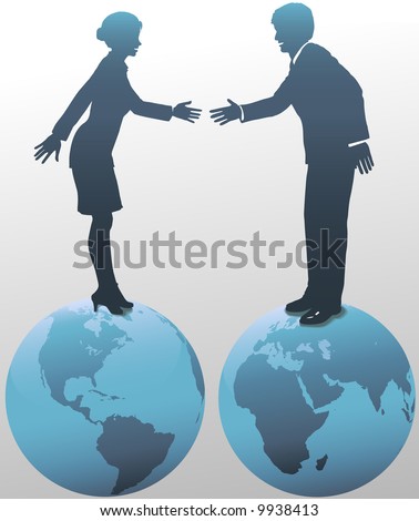 Standing on top of the world, East meets West as global business people, man and woman, shake hands in agreement.